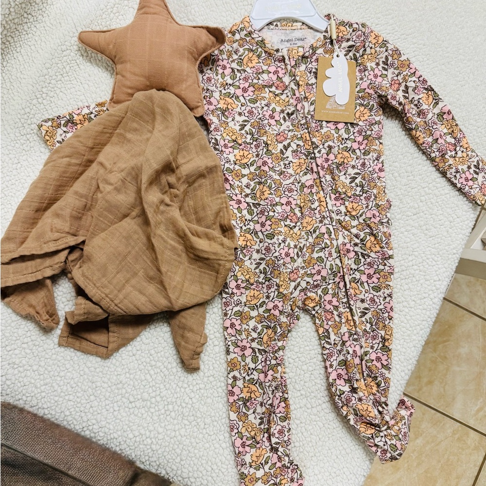 Angel Dear Pink and Brown Floral Kids One Piece and Mushie Lovey